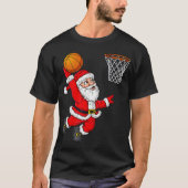 バスケットボールXをダンキングするクリスマスサンタクロースおもしろい Tシャツ (正面)