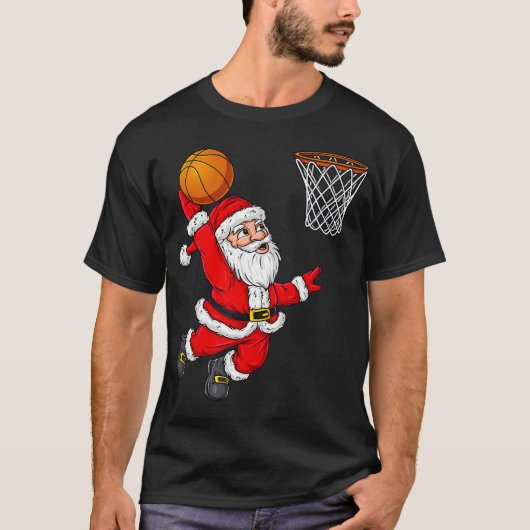 バスケットボールXをダンキングするクリスマスサンタクロースおもしろい Tシャツ (正面)