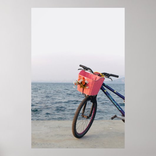 バスケット付き白黒の自転車 ポスター (正面)