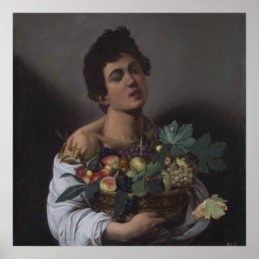 バスケット入りの果物を持つ少年 ポスター (正面)