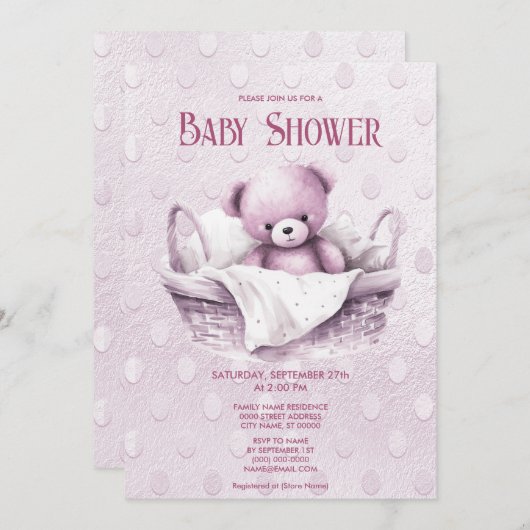 バスケット内のピンクテディベア赤ちゃんシャワー招待状 招待状 (正面/裏面)
