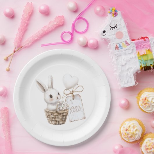 バスケット内の白いバニーハートベビーシャワーXOXO ペーパープレート (パーティー)
