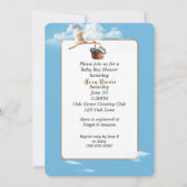 バスケット内男の赤ちゃん付きコウノトリ 招待状 (正面)