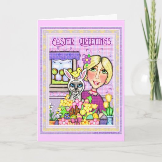 バスケット及び女性挨拶状のイースター猫 シーズンカード (正面)