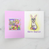 バスケット及び女性挨拶状のイースター猫 シーズンカード (内部)