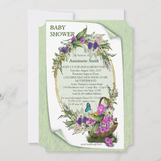 バスケット春の花の赤ちゃんシャワー招待状 招待状 (正面)