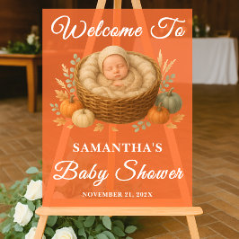 バスケット素朴ベビー秋ベビーシャワーへようこそ アクリルサイン