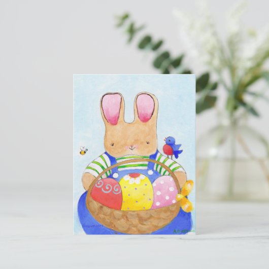 バスケット葉書を入れた男の子バニー ポストカード (スタンド正面)