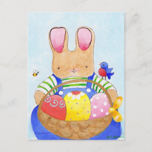 バスケット葉書を入れた男の子バニー ポストカード (正面)