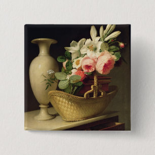 バスケット1814年のユリそしてバラの花束 缶バッジ