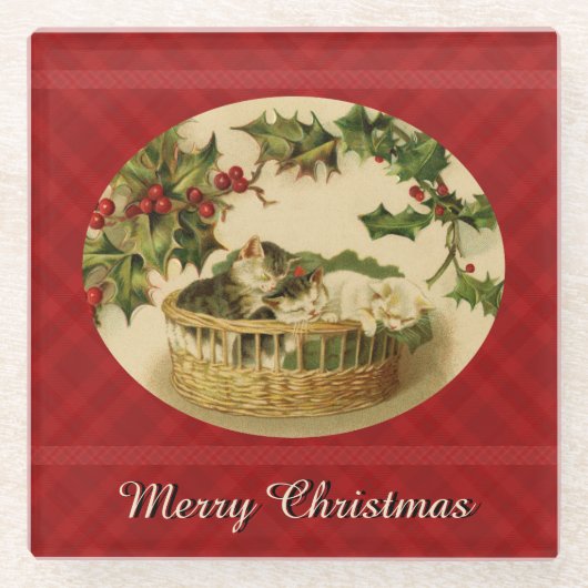 バスケット・グラス・コースターに入った子猫たち3匹 ガラスコースター (正面)