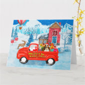 バスケット・ハウンド犬のクリスマス配達トラックの雪 カード (黄色い花)