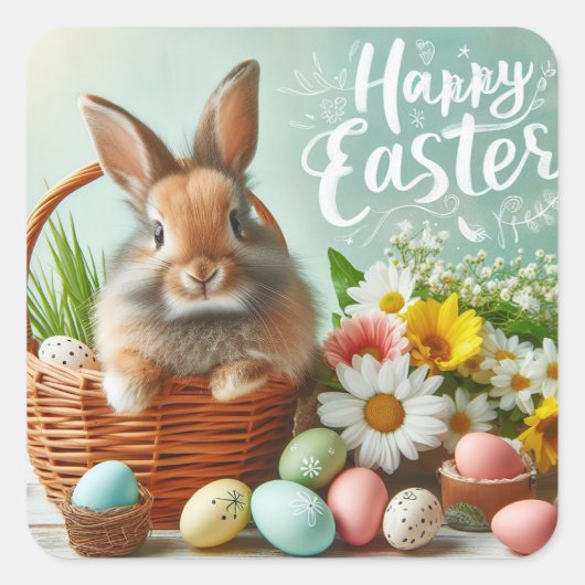 バスケット、花、イースターエッグに入ったバニー スクエアシール (正面)