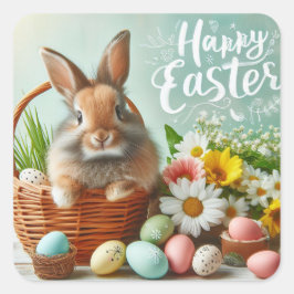 バスケット、花、イースターエッグに入ったバニー スクエアシール