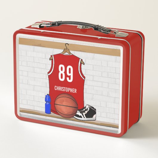 バスケッパーソナライズされた赤と白ットボールジャージー メタルランチボックス (裏面)