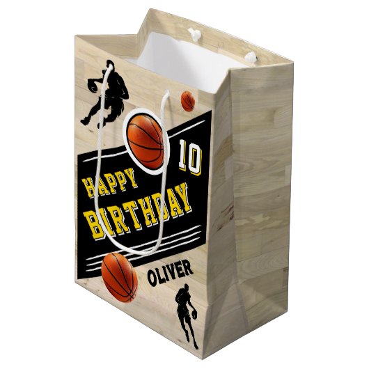 バスケッモダントボールプレーヤーをテーマにした誕生日 ミディアムペーパーバッグ (正面アングル)