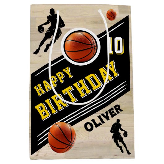 バスケッモダントボールプレーヤーをテーマにした誕生日 ミディアムペーパーバッグ (正面)