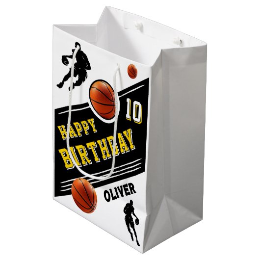 バスケッモダントボールプレーヤーをテーマにした誕生日 ミディアムペーパーバッグ (正面アングル)