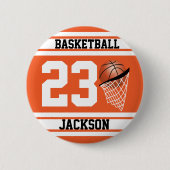 バスケパーソナライズされたットオレンジと白 缶バッジ (正面)