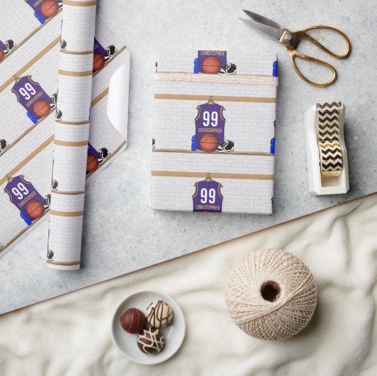 バスケパーソナライズされたットジャージーパープル |金ゴールド ラッピングペーパー (クラフト)