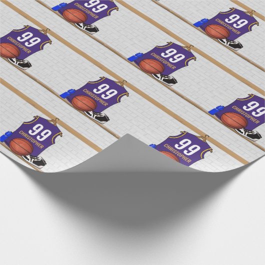 バスケパーソナライズされたットジャージーパープル |金ゴールド ラッピングペーパー (角)