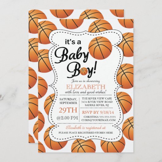バスケ男の赤ちゃんのベビーシャワー 招待状 (正面/裏面)