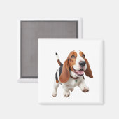 バスセットハウンドよくはしゃぐハッピーおもしろいが空中でジャンプ マグネット (正面/裏面)