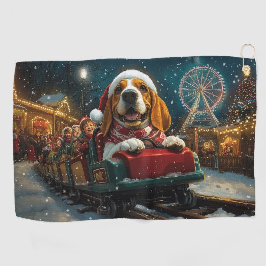 バスセットハウンドドッグローラーコースタークリスマス ゴルフタオル (横)