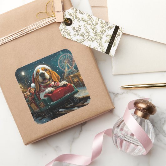 バスセットハウンドドッグローラーコースタークリスマス スクエアシール (ギフト)