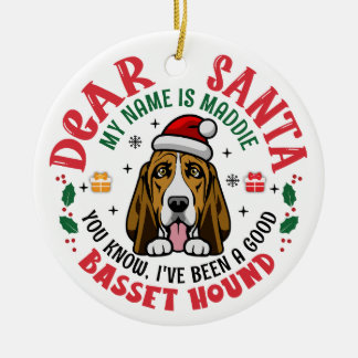 バスセットハウンドドッパーソナライズされたグクリスマスツリーラウンド セラミックオーナメント