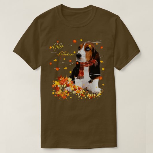 バスセットハウンドリーフ秋ハローオータムフォー犬の恋人 Tシャツ (デザイン正面)