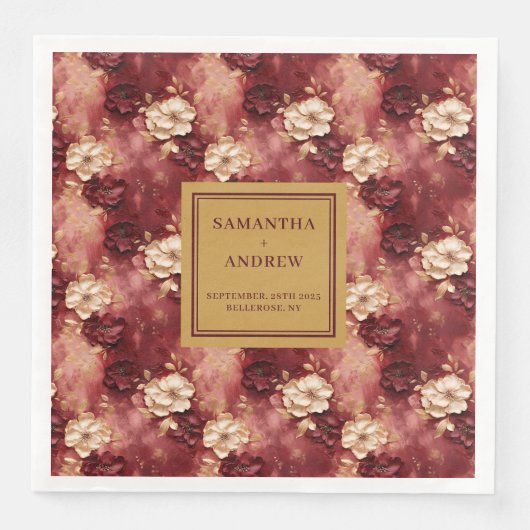 バスタイリッシュルガンディ金ゴールドの結婚花模様付きナプキン (正面)