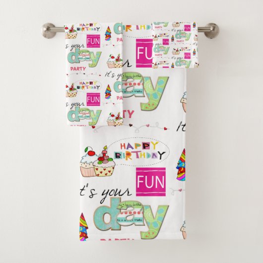 バスタオルセット、ハッピーバースデーおもしろいカップケーキ バスタオルセット (インサイチュ)