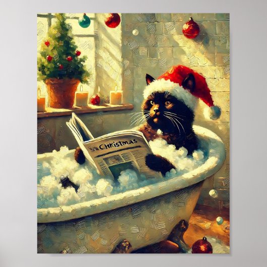 バスタブに入ったクリスマスブラック猫 ポスター (正面)