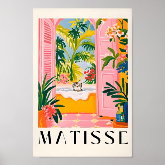 バスタブに灰色のタビー猫、ピンクのバスルームの壁Ar ポスター (正面)