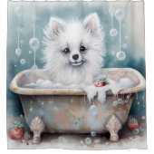 バスタブの中でアメリカン・エスキモーの水彩ドッグアート シャワーカーテン (正面)