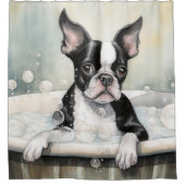 バスタブの中でボストンテリア水彩犬アート シャワーカーテン (正面)