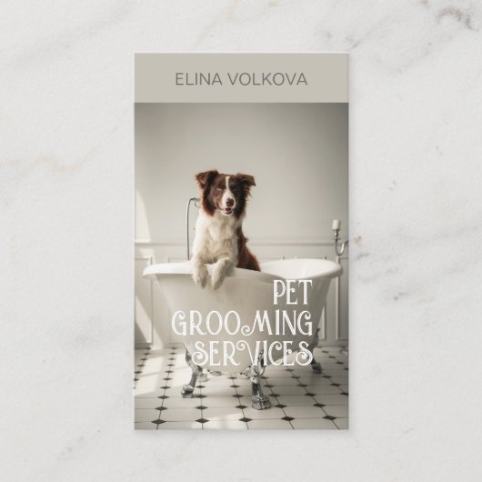 バスタブの中で犬を飼うペットグルーミングサービスグレー 名刺 (正面)