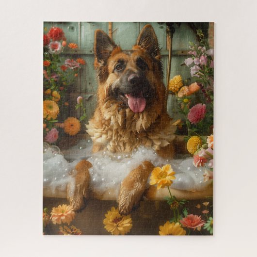 バスタブの中のドイツの羊飼い |ドイツの羊飼いの贈り物 ジグソーパズル (縦)