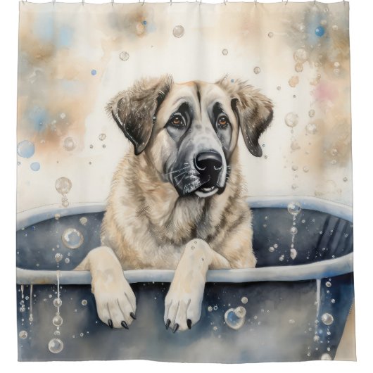 バスタブの水の中でアナトリアンシェパードの犬の芸術 シャワーカーテン (正面)