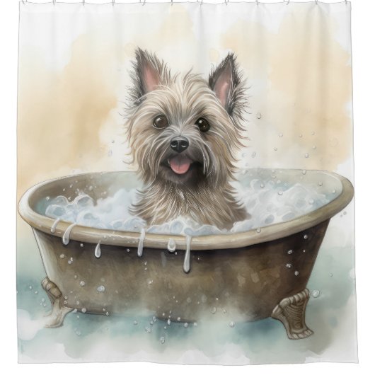 バスタブの水の色のドッグアートのケアン・テリア シャワーカーテン (正面)