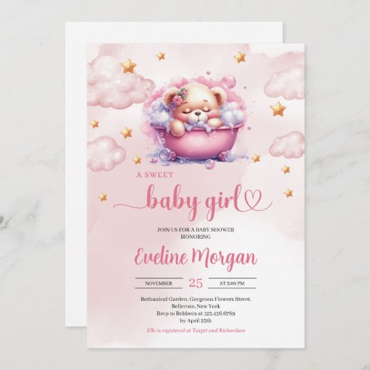 バスタブモダンガールベイビーシャワーかわいいテディベア 招待状 (正面/裏面)