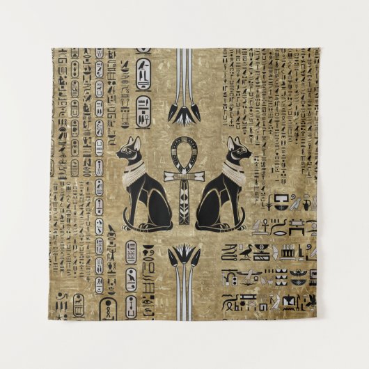 バステト – エジプト猫とアンク十字 タペストリー (正面)