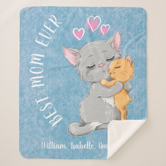 バストママ誕生日ギフトピンクハートかわいい猫ファミリー シェルパブランケット (正面)