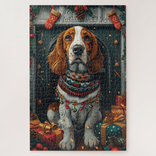 バスハウンドの犬とクリスマスプレゼントの暖炉 ジグソーパズル (縦)
