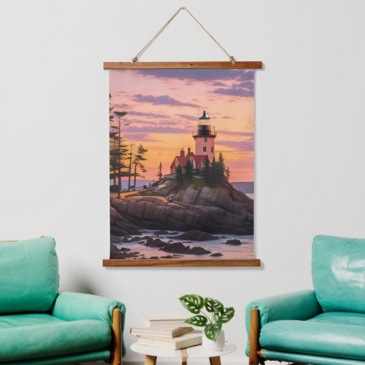 バスハーバーヘッドライトハウスサンライズ 吊り下げ型タペストリー (リビング)