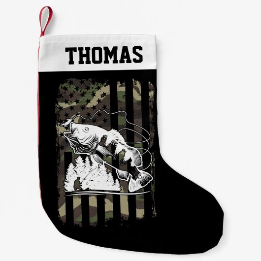 バスパーソナライズされた魚釣りUSAフラッグスポーツマンギフト スモールクリスマスストッキング (正面)