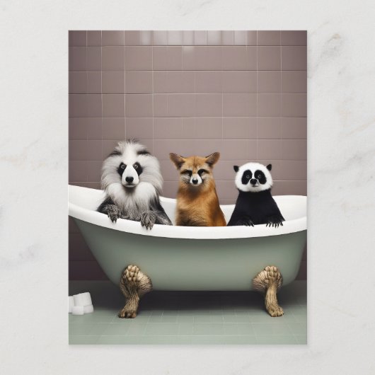 バスルームおもしろいの浴槽に座っている動物 ポストカード (正面)