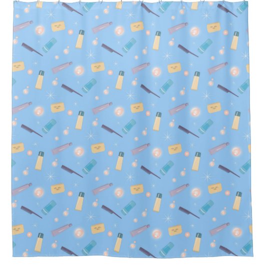 バスルームのアメニティ模様（青） シャワーカーテン (正面)