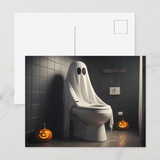 バスルームのトイレで面白いハロウィーン幽霊 ポストカード (正面/裏面)